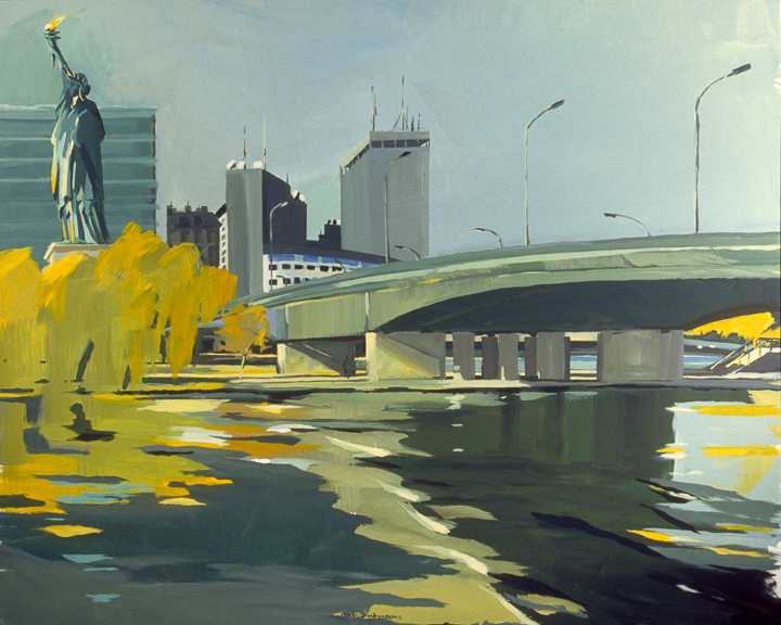 Pont de Passy- Statue de la Liberté et Maison de la Radio - Acrylique sur toile - Peinture de la série "Les Ponts de Paris" de Michelle AUBOIRON